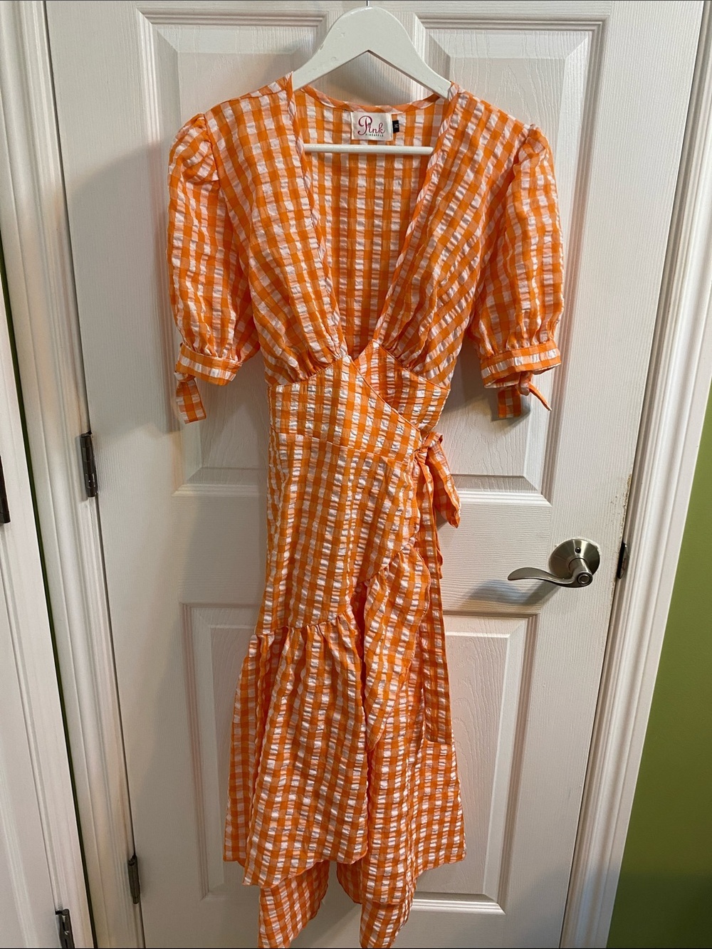 Pink Pineapple Orange White Gingham Puff Sleeve Ruffle Cross Tie Dress Medium